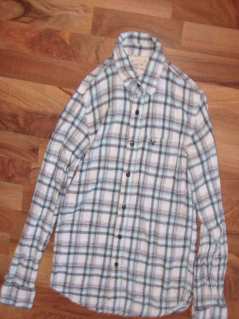 AEO extra small plaid white blue mens flannel shirt warm outdoor wear